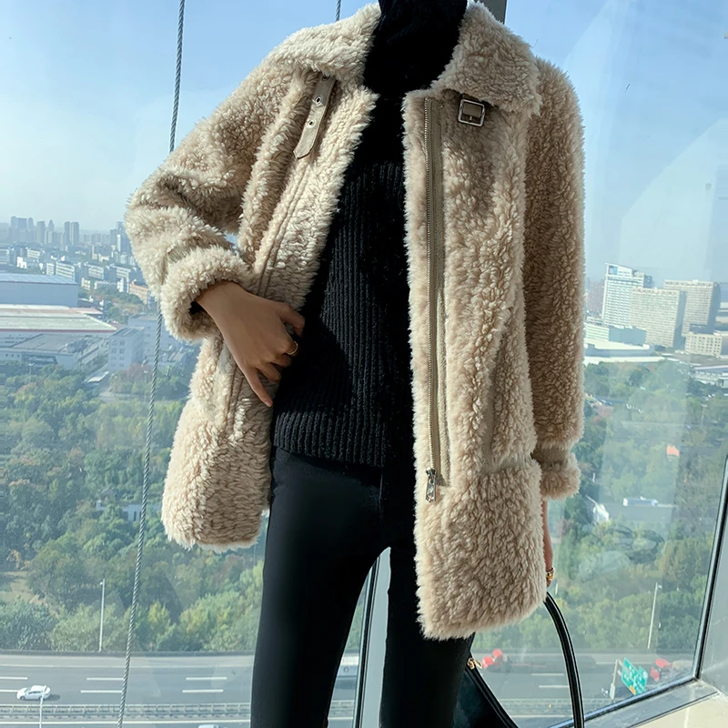 AYUNSUE moda donna cappotti invernali Shearling di pecora cappotto di pelliccia abbigliamento donna cappotto di pelliccia di lana fodera in pelle scamosciata calda giacca di pelliccia femminile Lq