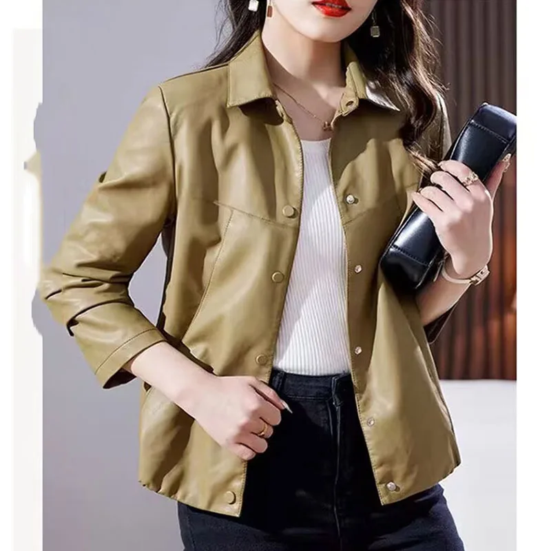 Women Long Sleeves Leather Clothing Coat 2024 Ladies Short PU Leather Jacket Autumn Female Large Size 5XL Faux Leather Tops