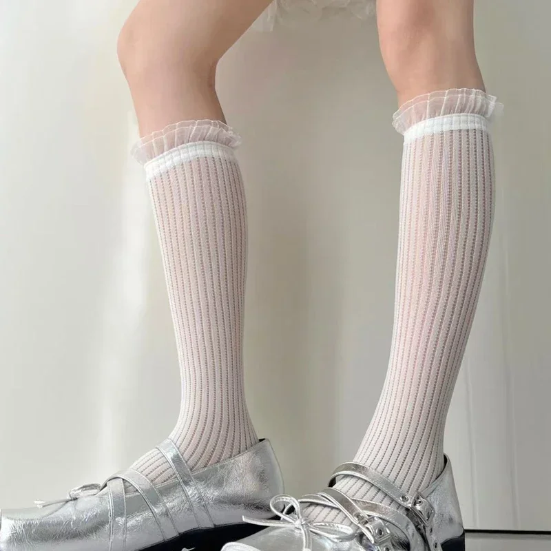 

Summer Thin Socks 3 Pairs Women Fashion Lace Ruffles Mesh Long Socks Mid-calf Ladies Stockings Sweet Lolita White Black Grey