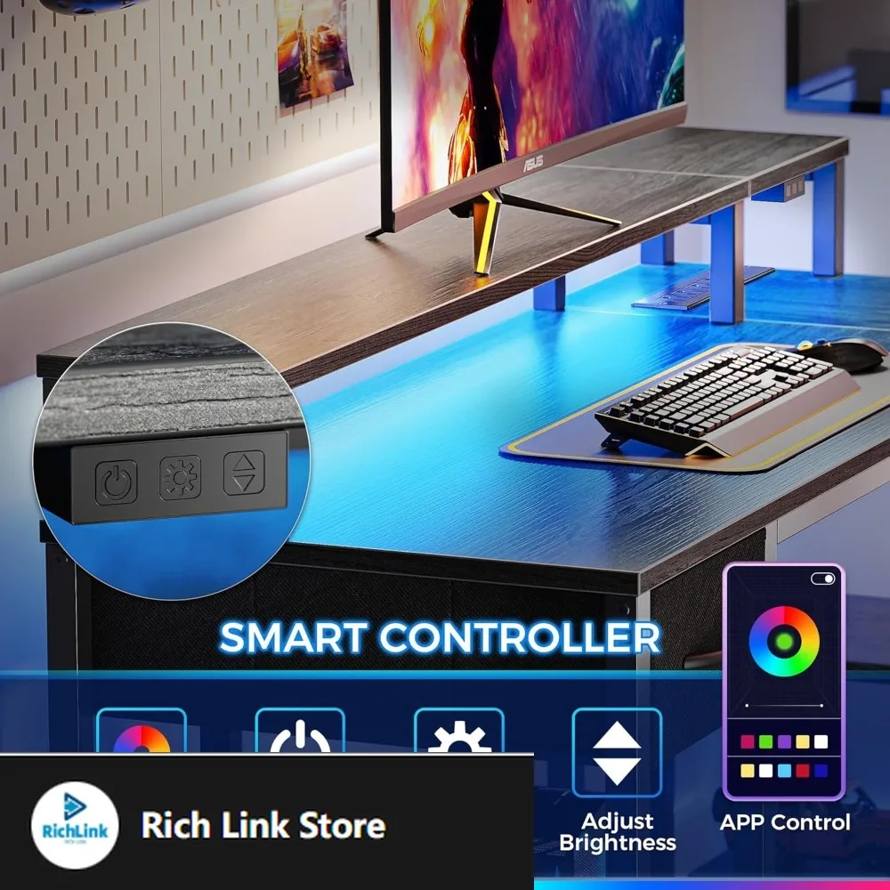 

47 inch Reversible L Shaped Desk with LED Lights & Power Outlets, Computer Desk with Shelves & Monitor Stand, Gaming Desk with