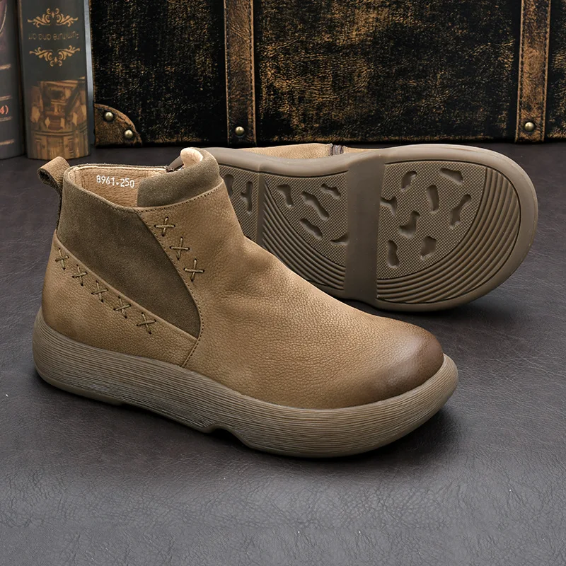 Leather short boots for men in winter with fleece mid top Chelsea short boots zippered high top shoes  snow boots for men