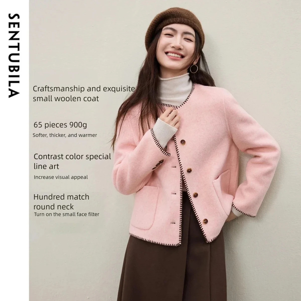 

SENTUBILA женские зимние пальто 2025 зимние роскошные двусторонние шерстяные короткие пальто с цветными блоками милая женская верхняя одежда W54OG5871