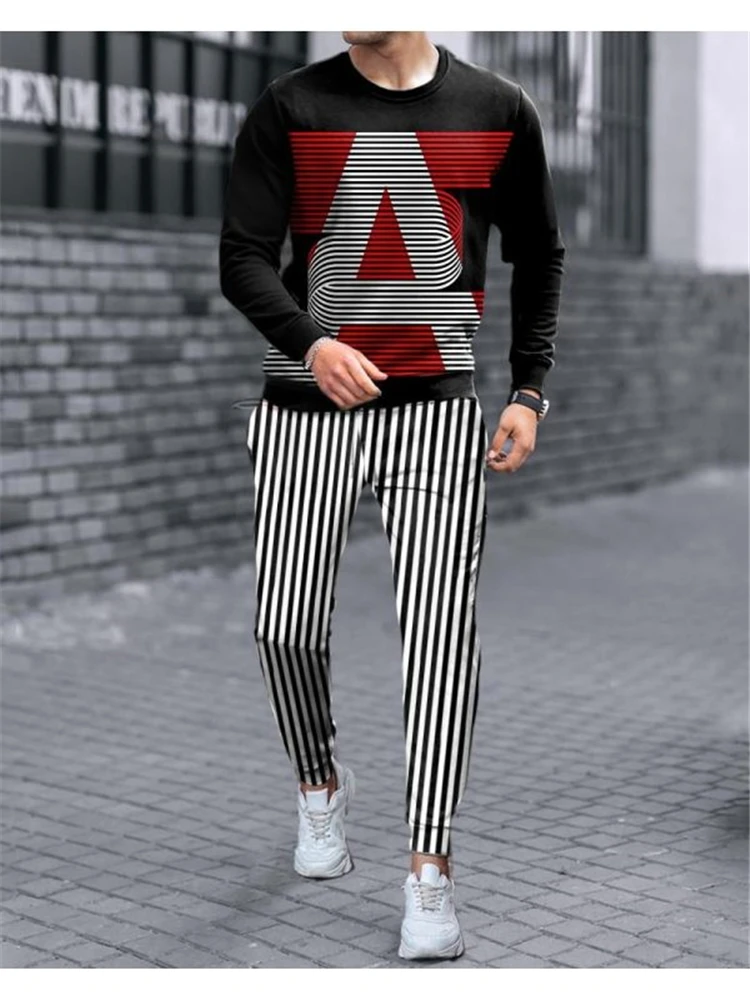 

Men's Casual Retro Long sleeved T-shirt Set Creative Long sleeved T-shirt long pants Set Quick Drying Outdoor Trendy Sportswear