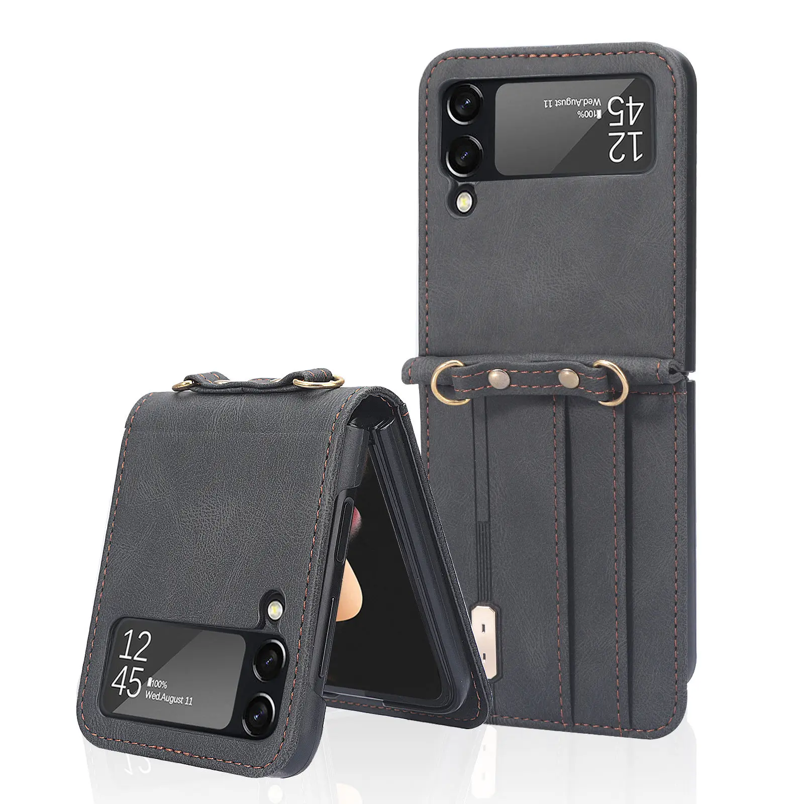 

For Samsung Galaxy Z Flip 4 5G Hardware Crossbody Bag with Lanyard Conjoined Leather Case Protection for Galaxy Z Flip 3
