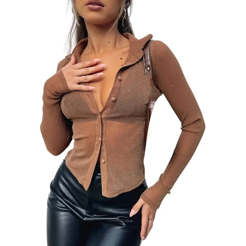 Cárdigan de manga larga para mujer, camisa informal Sexy de Color sólido con perspectiva de malla, cómoda, MYQH12, 2024