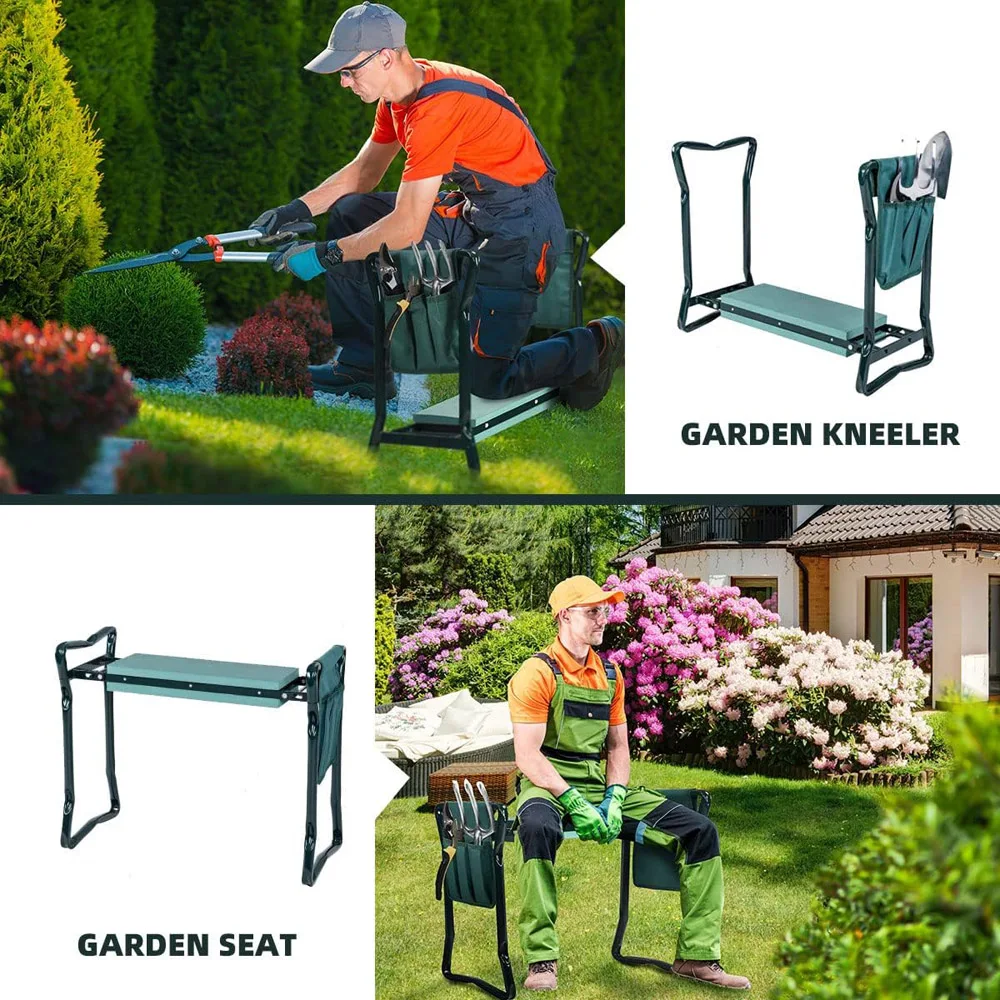 New 2-in-1 Garden Kneeler & Seat and 3-Pocket Tool Bag, Folding Seat w/EVA Foam Kneeling Pad & Removable Tools Pouch