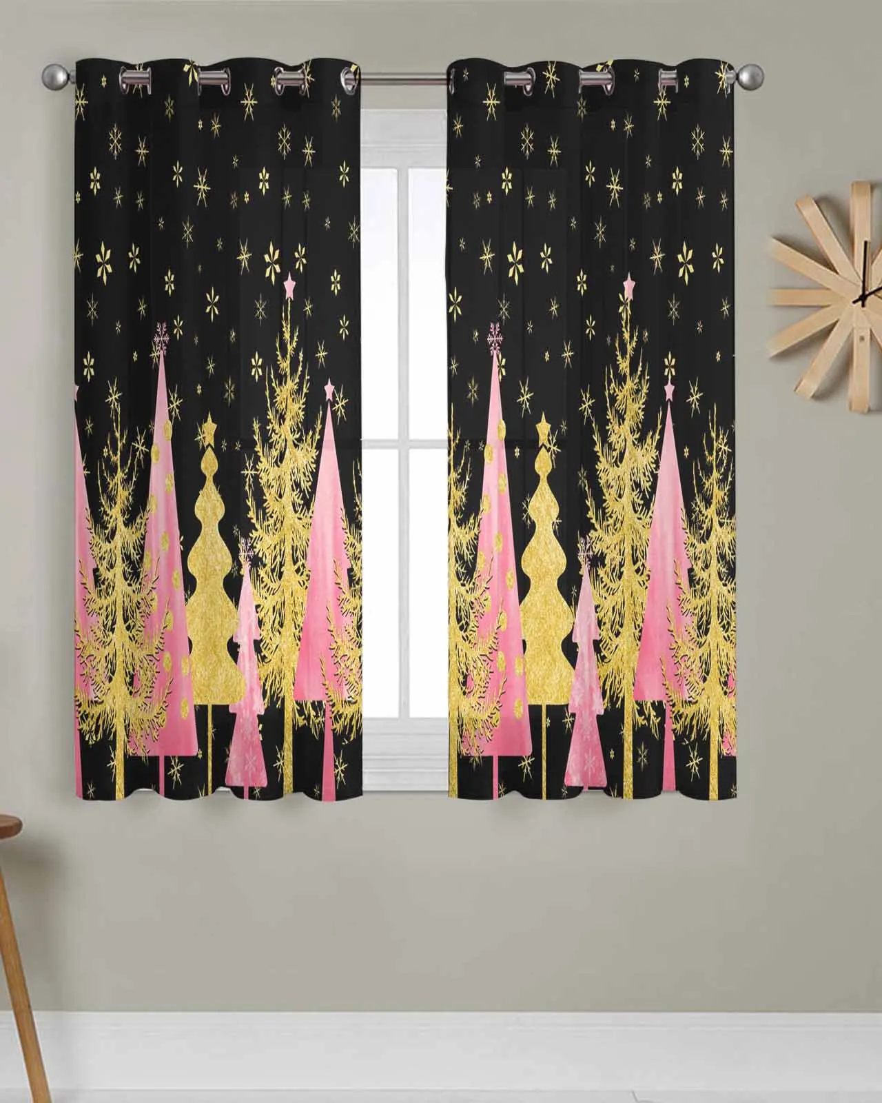 

Tulle Window Curtains Retro Snowflake Pink Christmas Tree for Living Room Bedroom Transparent Chiffon Sheer Voile Window Curtain