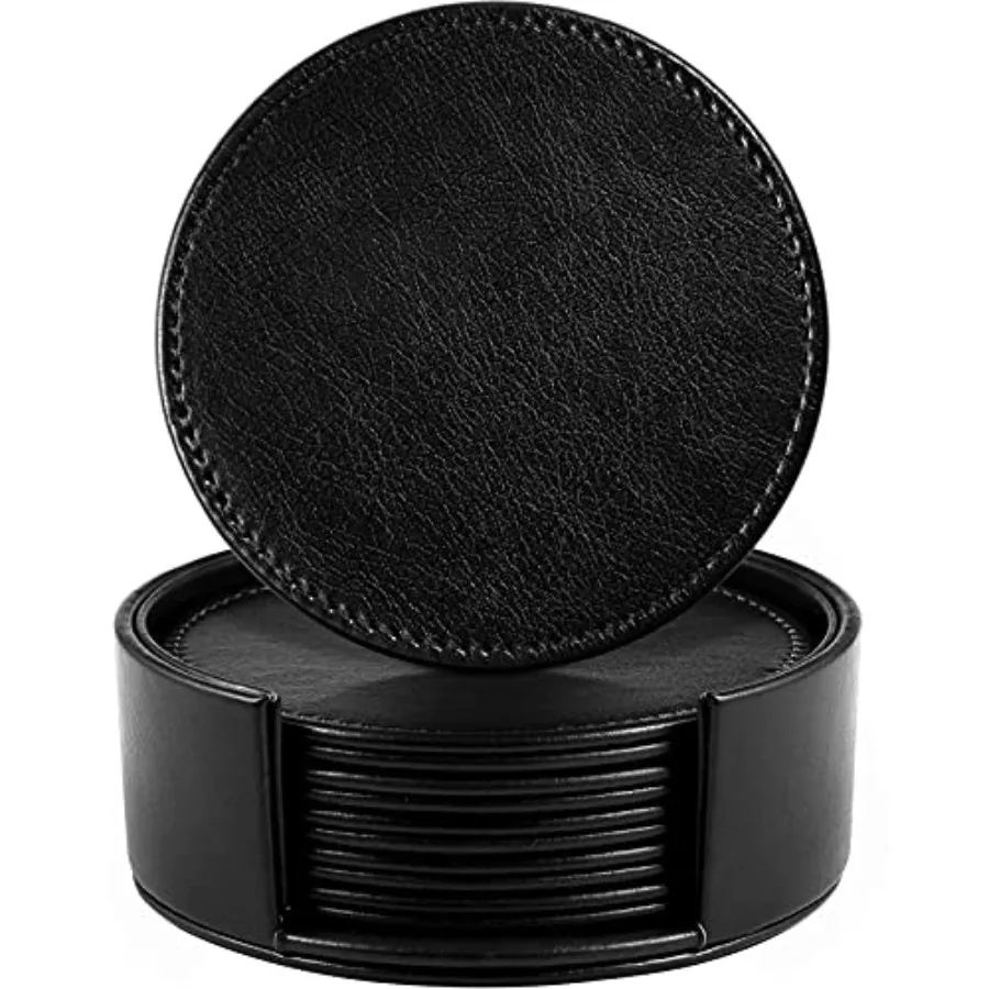 

New StyleLeather Coasters for Drinks, 4" Drink Coasters Set of 6 with Holder for Tabletop Protection, Handmade Luxurious Home Décor and