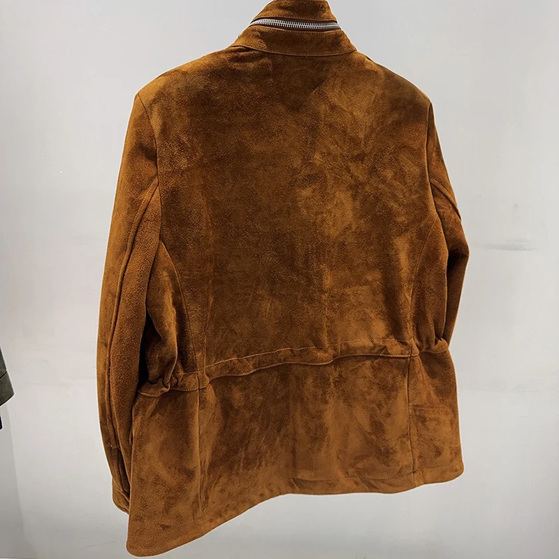 เสื้อแจ็คเก็ตสปริงสำหรับผู้หญิง คุณภาพสูง หนังกลับเด็ก สีคาราเมล/กาแฟ สไตล์วินเทจ คอตั้ง มีกระเป๋า ซิป หนังแกะ Casaco Feminino