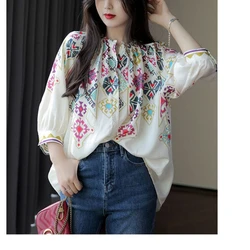 Summer New Round Neck Three Quarter Fashion Shirt Women High Street Casual Printing Button Cardigan Vintage Elegant Loose Tops