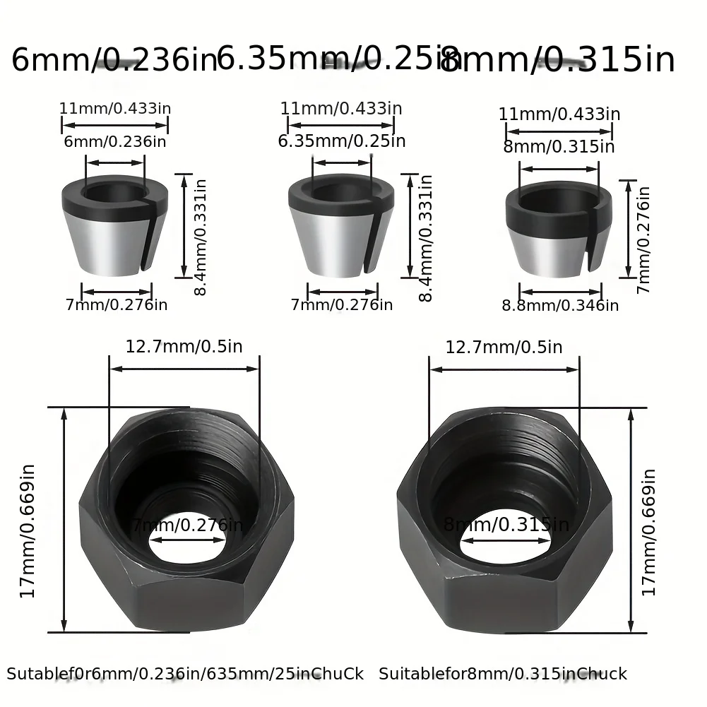 3Pcs/5Pcs Woodworking Router Bit Trimming Machine Collet Set with Convertible Head and Shaft Adapter