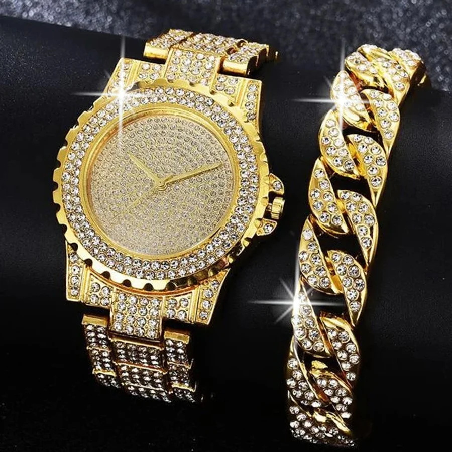 2PCS Luxury Women's Bracelet and Watch Set, Fashion Ladies Rhinestone Dial Quartz Wristwatch Elegant Female Bracelet Watches Set