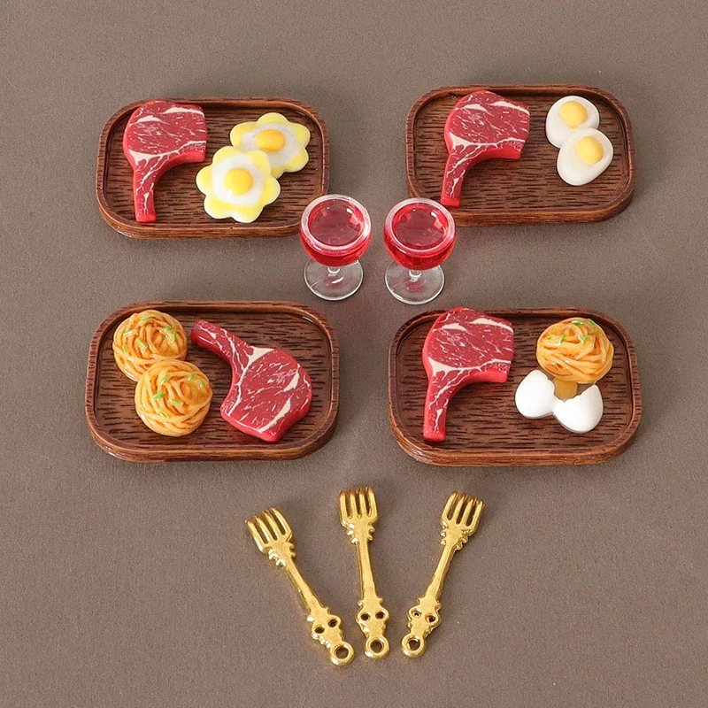 1 مجموعة دمية مقلد ستيك النبيذ الأحمر الزجاج المعكرونة عدة نموذج دمية المطبخ الغذاء الديكور لعبة الدمى اكسسوارات المنزل