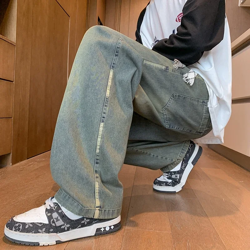Nuevos Pantalones vaqueros informales azules holgados para Hombre, moda de venta al por menor de otoño 2025, Pantalones vaqueros Y2K para Hombre, Pantalones vaqueros de pierna recta