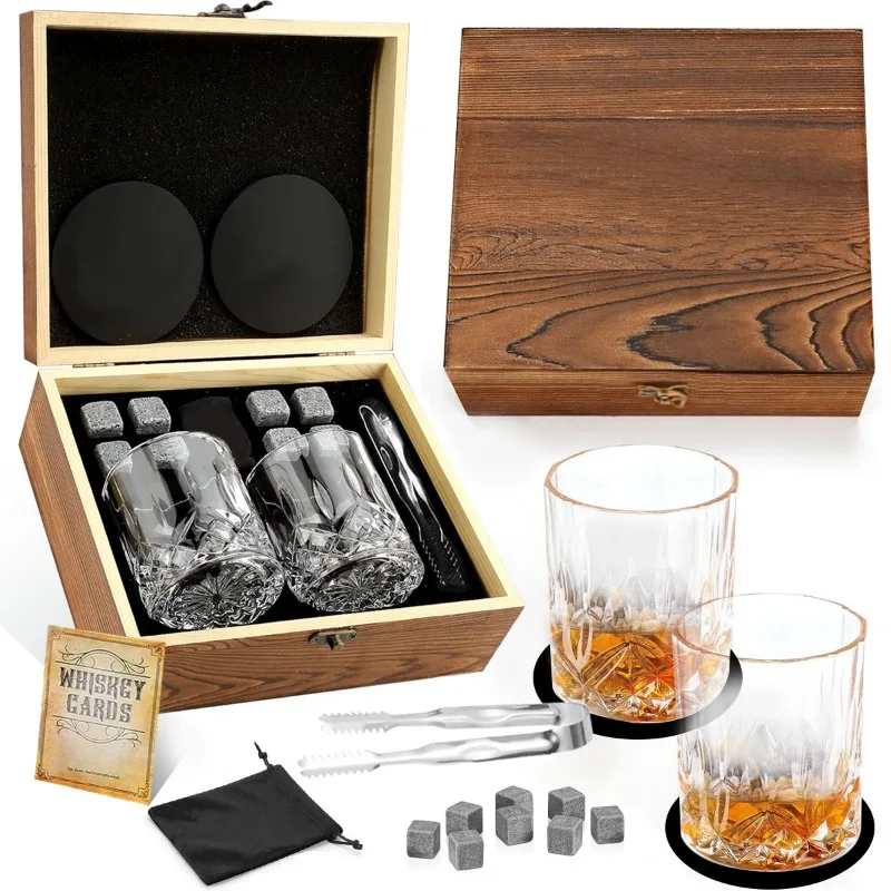 Whiskey Glass Set, 2 Cups 8 Granite Ice Stones Wooden Gift Box, Liquor Serving Ki