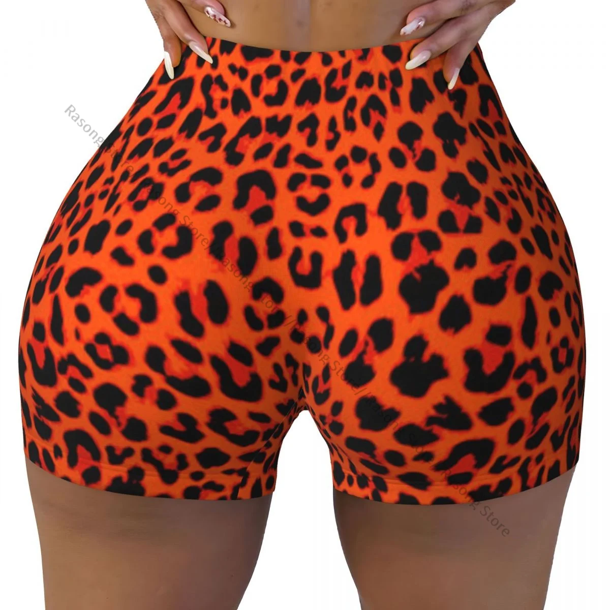 Spandex Yoga Shorts for Women Leopard Orange Autumnal Color Workout Booty Shorts