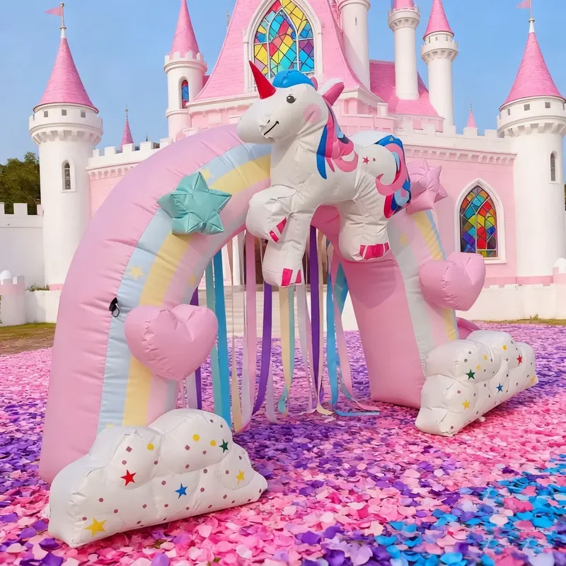 8m Multi-Color Pony Unicorn Cartoon Character Inflatable Arch Door Waterproof Plug Powered Easy Setup Electric Pump Inflation