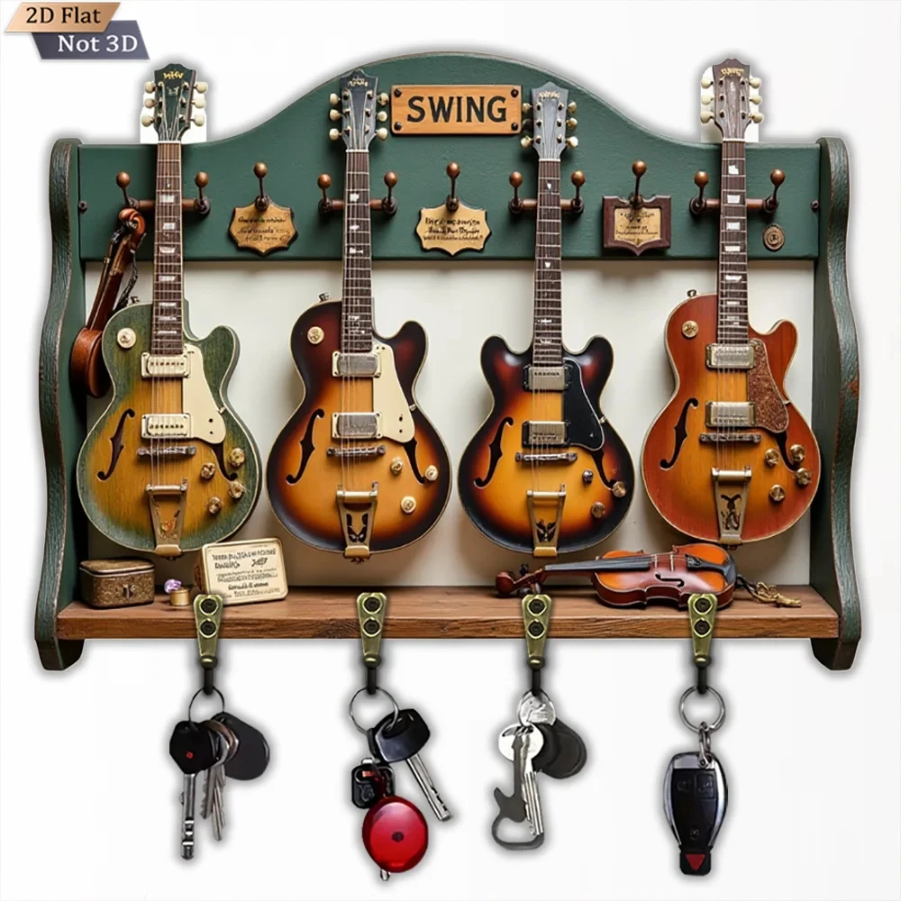 2D Flat, 1pc, Guitar-Shaped Key Hook, Wooden Multifunctional Home Key Hook with Four Metal Hooks, Wall Decoration, Porch