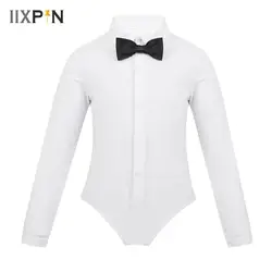Kids Boys Latin Dance Costumes Cotton One-Piece Long Sleeves Lapel Bowtie Romper Shirt Leotard Bodysuit Modern Ballet Dancewear