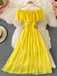 Korejepo Bali Holiday Beach Dresses Slim Big Swing Long Dress Sexy Off The Shoulder Slim Shoulder Leaf Edge Chiffon Clothes