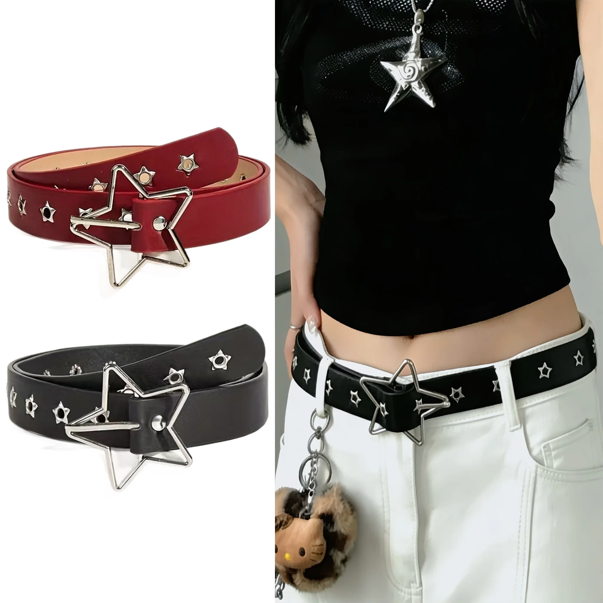 Fashion Punk style star buckle decorative belt with multiple holes small star shaped eyes multifunctional Jeans belt For Women