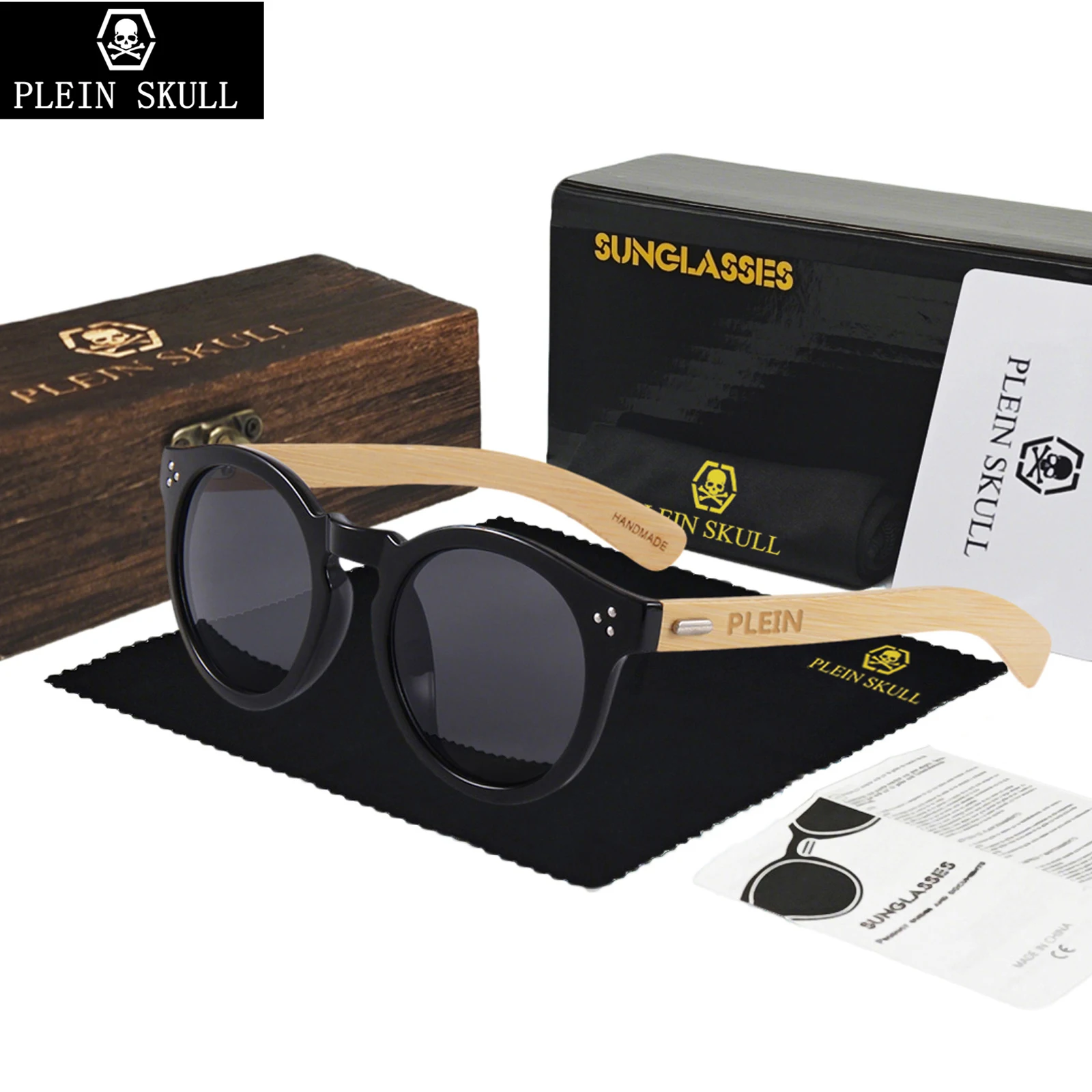 

PLEIN SKULL New European and American Classi Fashion Sunglasses for Men and Women Large Round Frame Sunglasses Retro Bamboo Legs