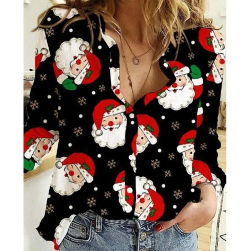 Elegant women\'s long sleeved shirt with Christmas print  sexy lapel button up shirt exuding a sense of sophistication for women