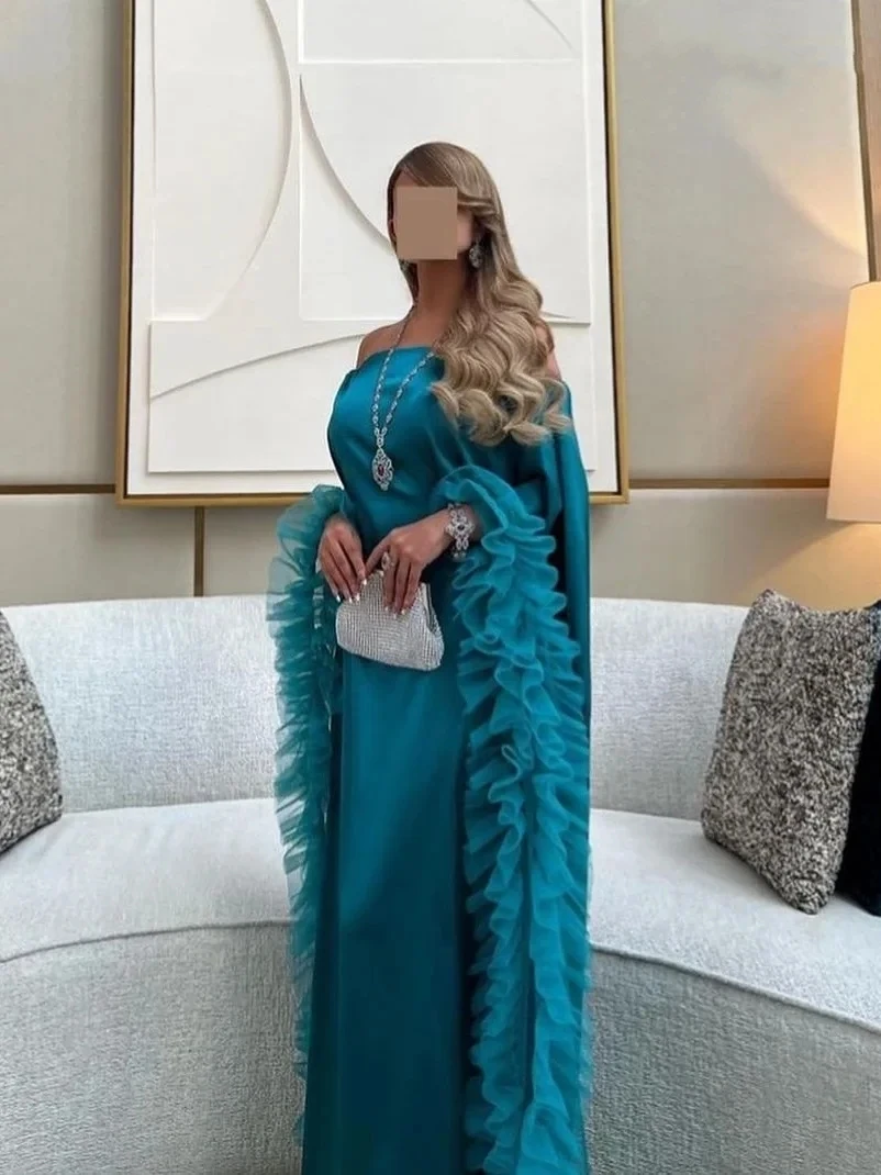 Romantic Peacock Blue Satin Ruffles Boat Neck Dubai Customized Formal Occasion Pleated Prom Dresses Evening Party Gowns 2024