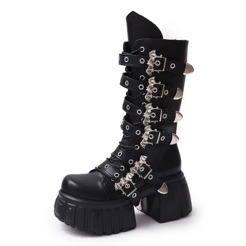 

Metal Bat Buckle Punk Platform Mid Calf Boots Women Cross Tied Thick Soled Chunky Heel Long Boots New Hotties Gothic Boots 8.5cm