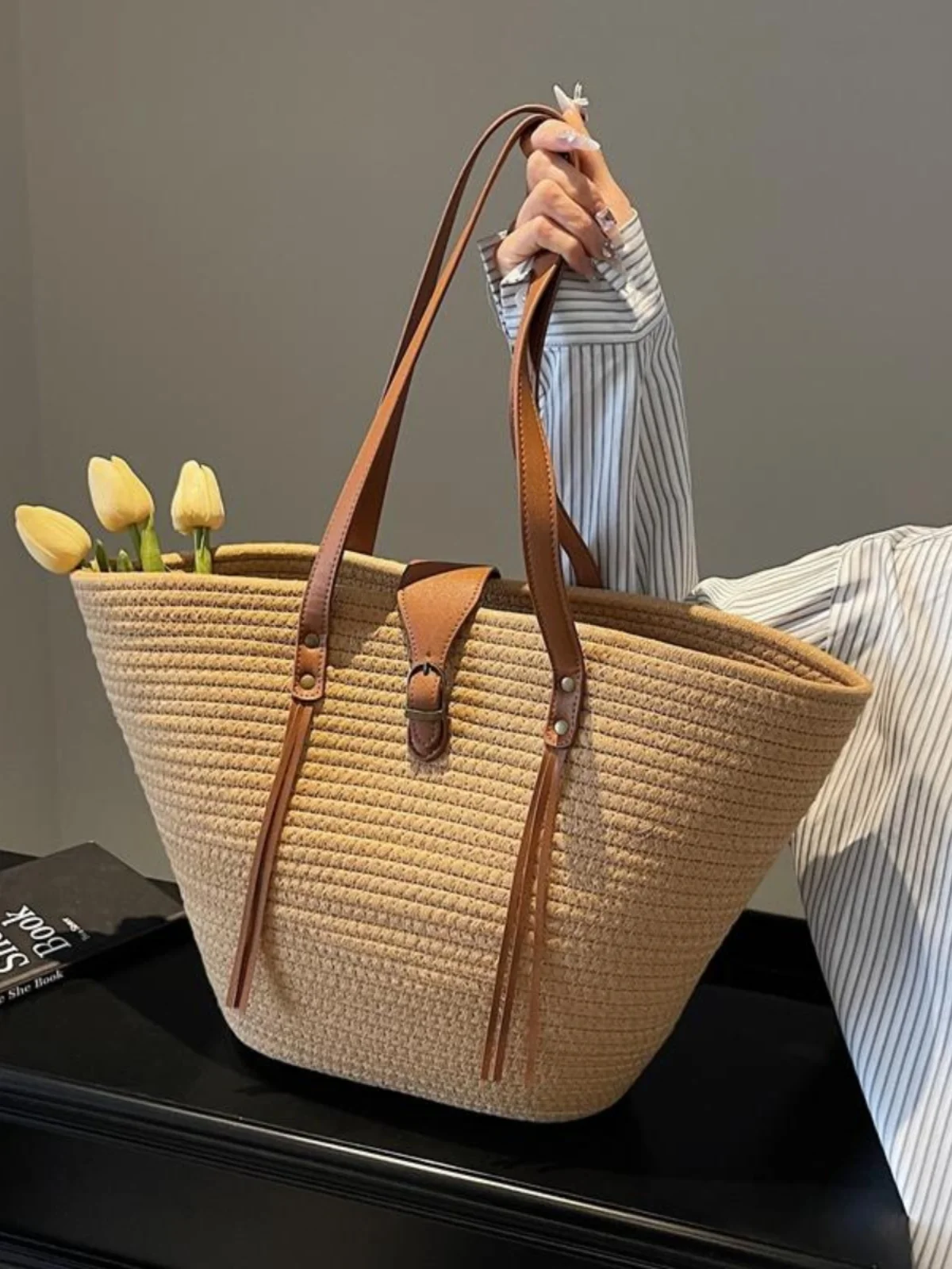 Casual Beach Vaion Grote Capaci St Geweven Oulder Tote Bag Briti Sle Zacht handvat Polyester Jeugd Vrije tijd