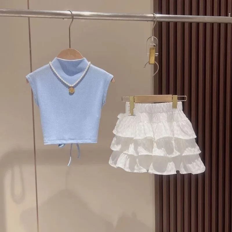 

Girls' summer set new children's short sleeved T-shirt pleated skirt two-piece set baby skirt pants stylish summer outfit