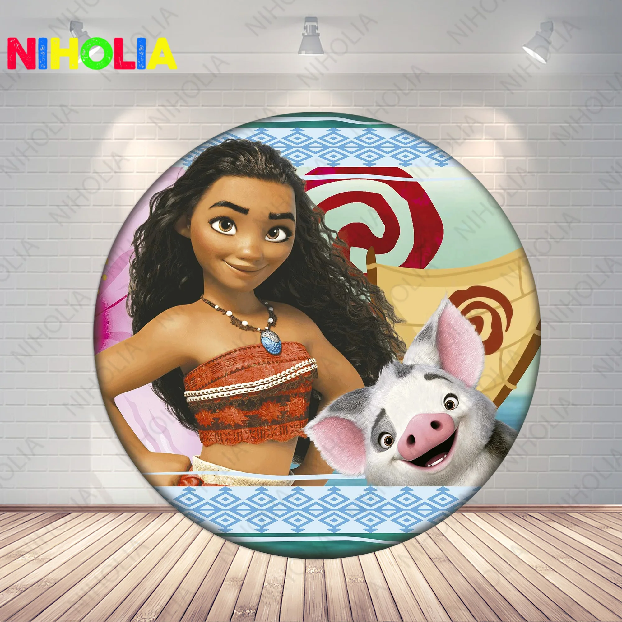 Disney Moana Princess Backdrop Round Cover Girls Birthday Party Decor Cute Pig Vinyl Polyester Photo Background Cylinder Covers