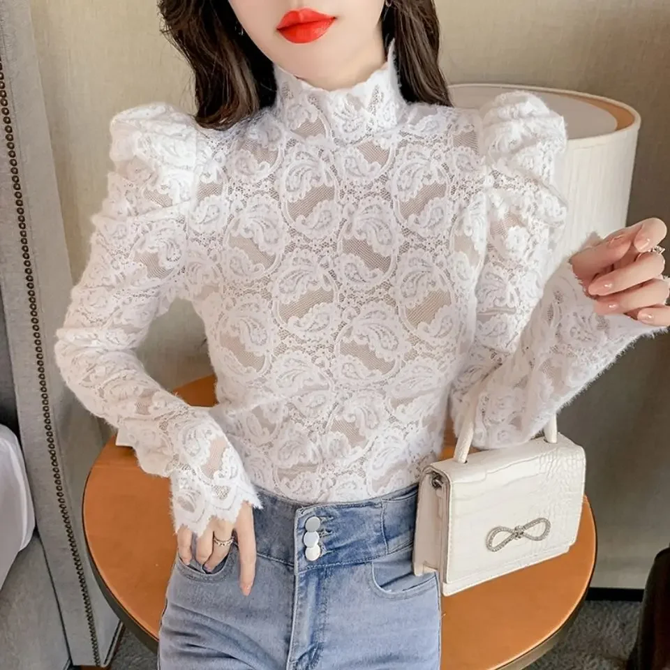 Spring New French Round Neck Slimming Lace Ruffles Spliced Shirt Long Sleeve  Elegant Bottoming Blouse Top Women T329