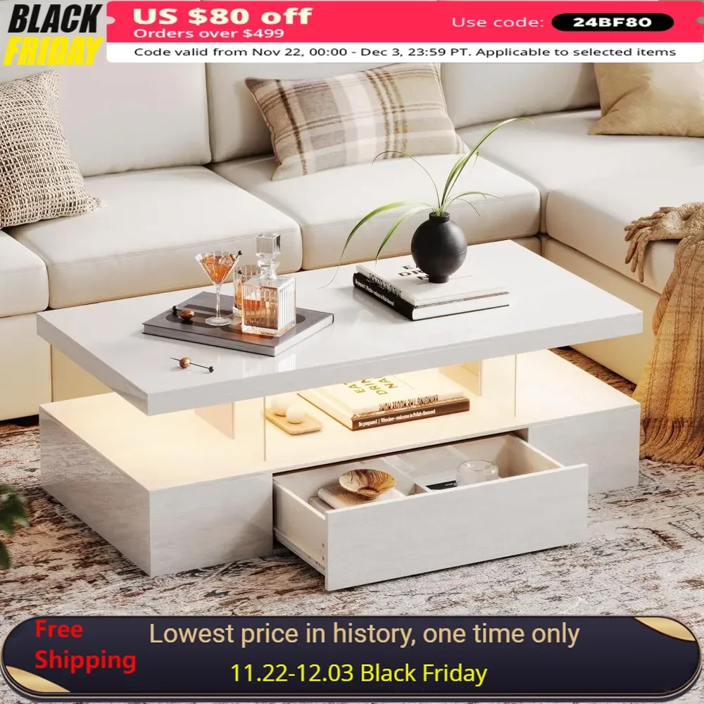 43.31” Coffee Table, High-Light LED Lights with Drawers, Large Storage Space for Living Room, Bedroom, Elevated Coffee Table