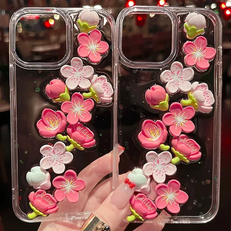 Transparent Peach Blossom Suitable For iPhone 15 Case 14 13 12 Pro Max 11 Anti Drop Transparent Protective Cover