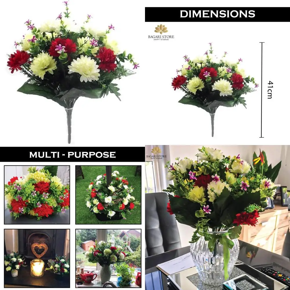 

Bagari Artificial Flowers, Large Mixed Bush Grave Flowers, 41cm Fake Flowers for Decoration, Ivory - Light Green - Red Artificia