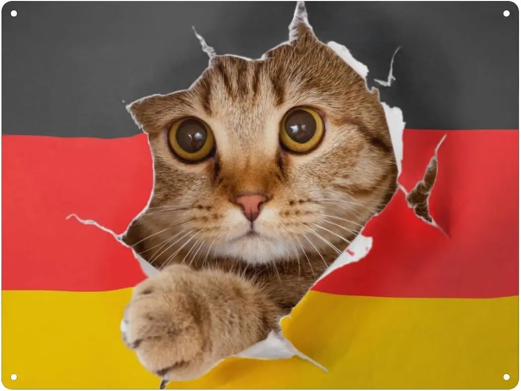 Metal Tin Sign, Cute Cat German Flag Wall Decor Art Signs for Home Coffee Gate Bar - 16x12inch