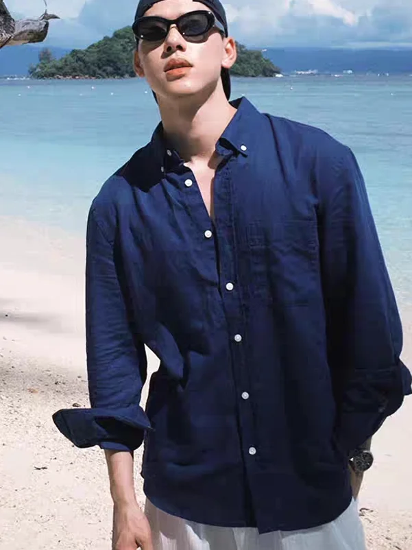 

Lightweight Long Sve Cotton Linen Men's irt Vintage American Sle Slim Fit Sun Protection Open Cardigan Breathable Work...