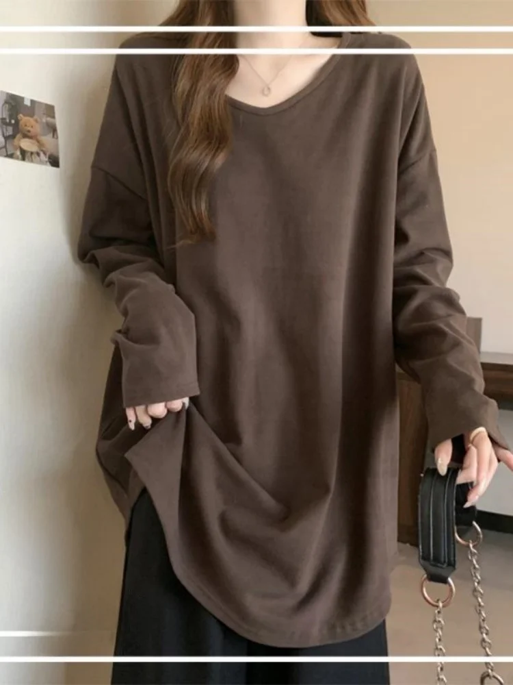 

plus Size Women's Long Sleeve Thin Fleece Mid-Length Base Shirt Meat Covering Sweatshirt Loose Fit Autumn High Waist Commute ...
