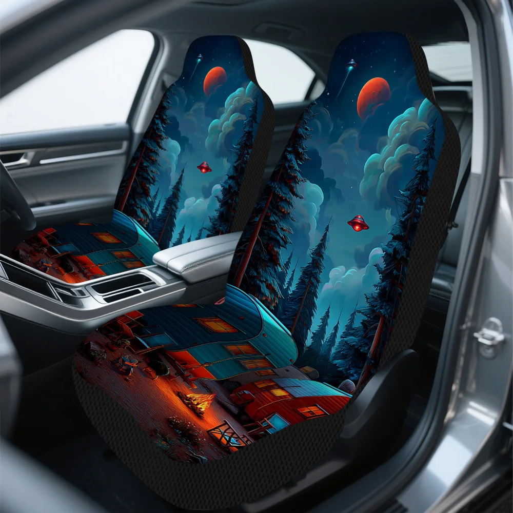 2pcs Retro Campfire Under Alien Sky Print Universal Car Seat Covers | Decorative And Stylish, Easy To Install And Washable, Poly