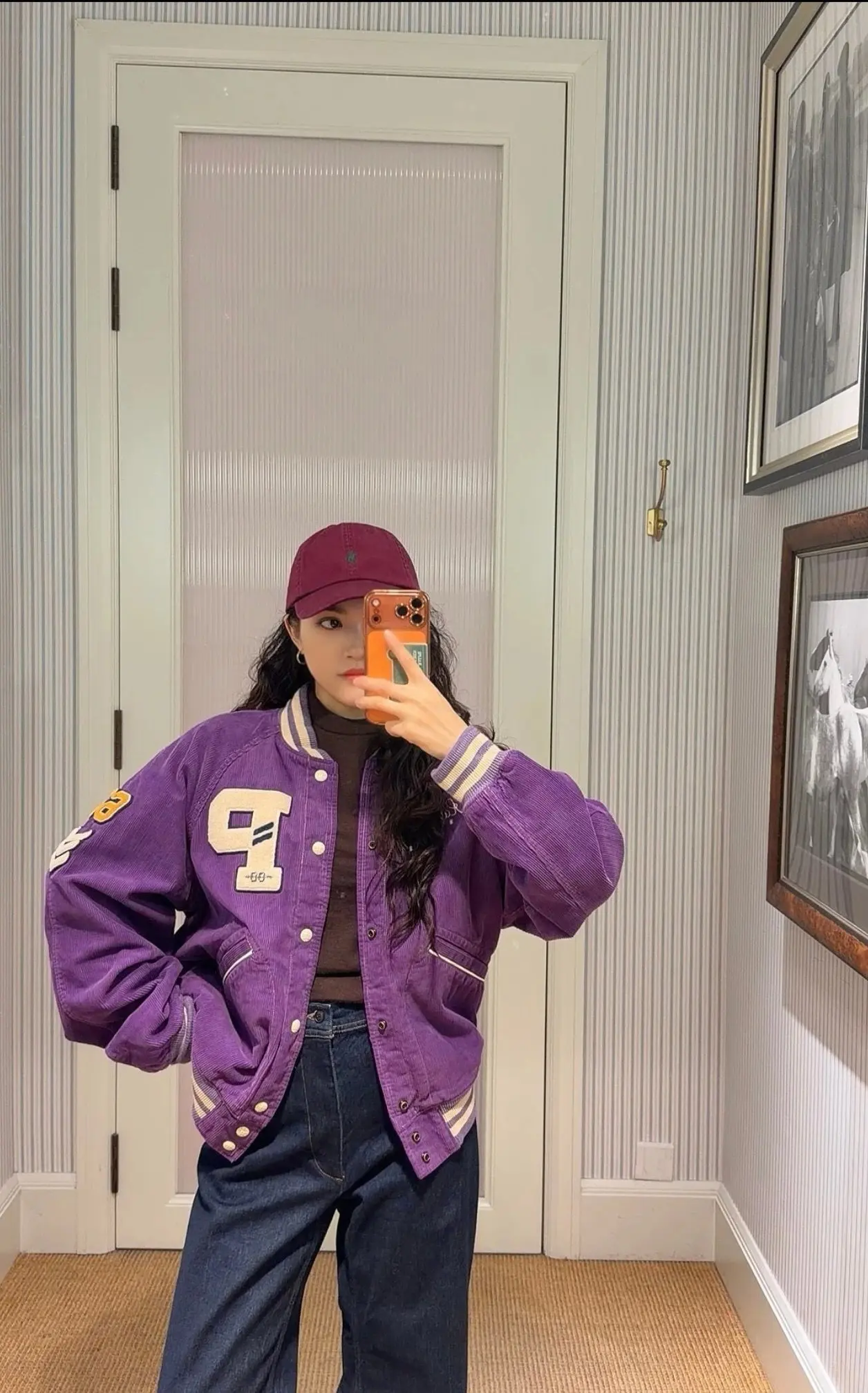 RL Purple Corduroy Vintage Baseball Jacket Coat Loose Fit Long Sleeve round Neck Short Style Cotton 100% Unisex Jacket