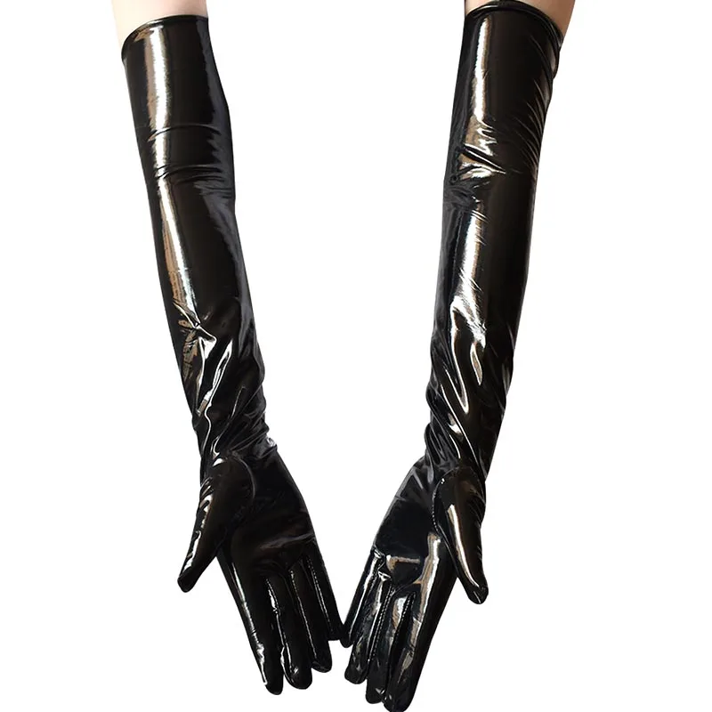 Gants sexy en latex verni noir pour femme, moufles longues, performance de danse d\'Halloween, discothèque, pole légiti, bar, cosplay, 53cm