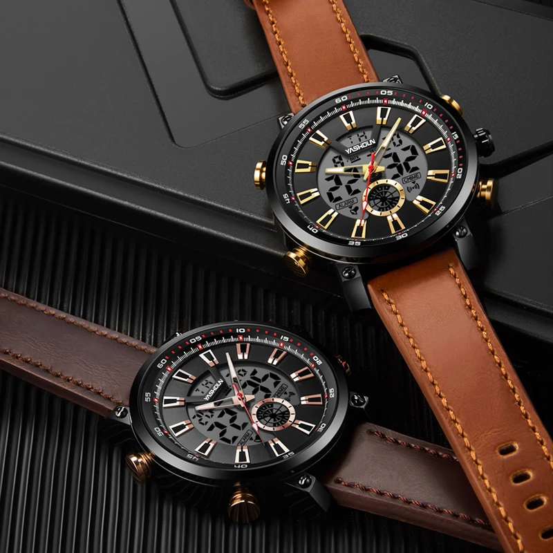 Yashidun marca relógio masculino quartzo led relógios esportes pulseira de couro relógio à prova dwaterproof água luminosa semana data relógios militares