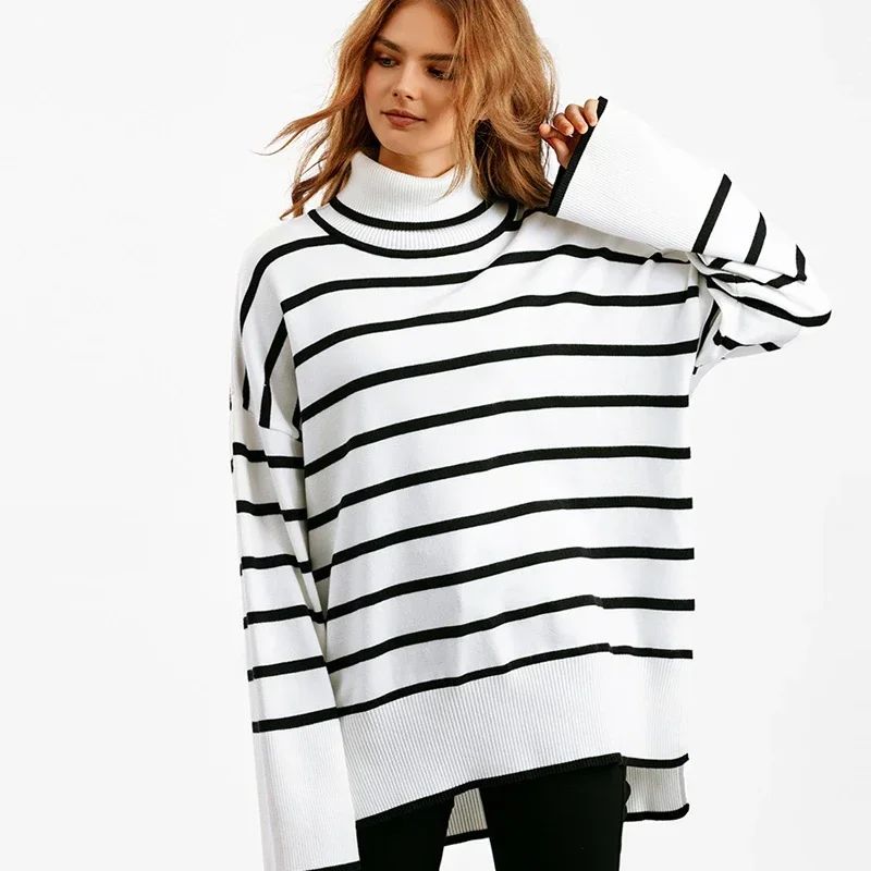 

Women's Striped Long Sleeved Turtleneck Sweater, Knit Pullover, Loose Jumper, Casual Office Clothing, Hit, Autumn, Winter