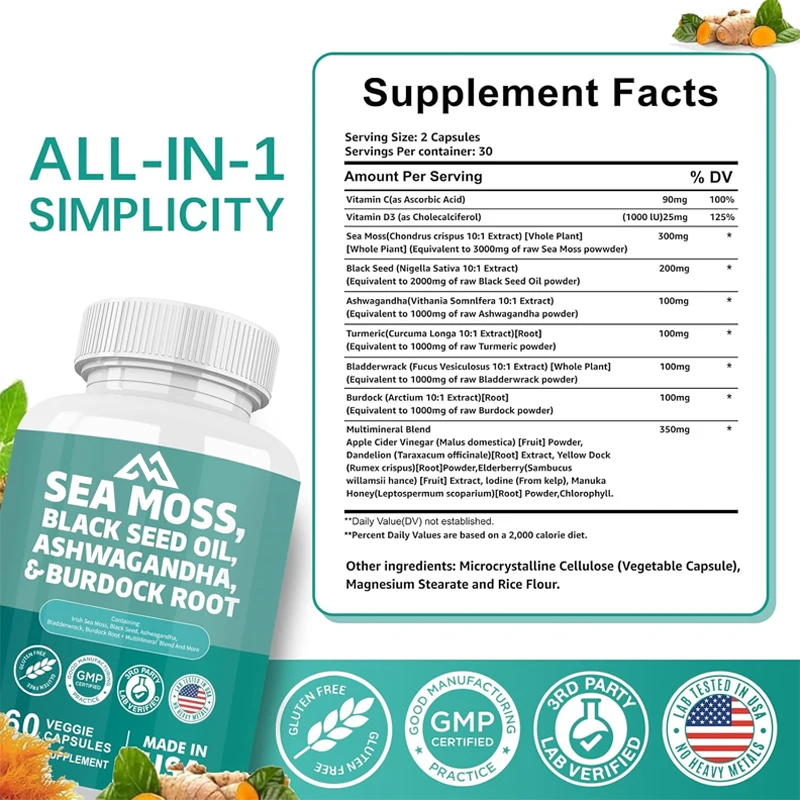 60 capsules 7000mg seaweed 4000mg black seed oil 2000mg Ashwagandha burdock root sea anemone root vitamin C curcumin