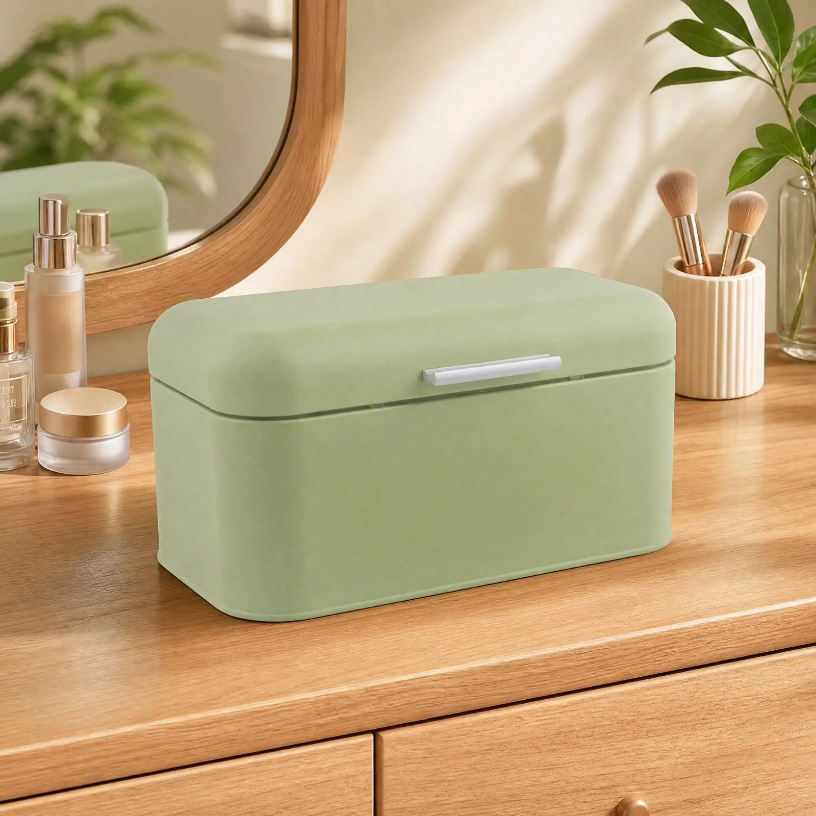 Desktop Cosmetic Storage Box with Lid Metal Organizer Rack for Makeup Brushes Skincare Toiletries Vanity Counter Carbon Steel