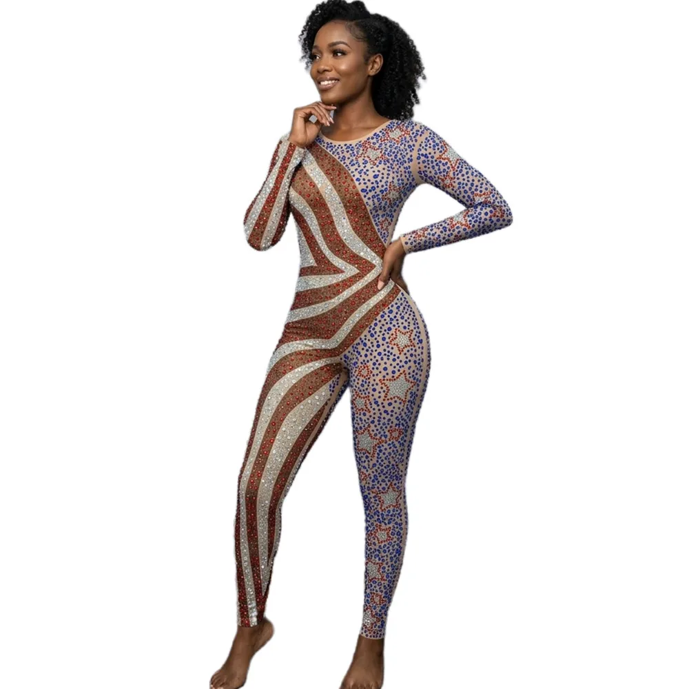 sexy American flag print rhinestone jumpsuits women Nightclub rompers dance bodysuit Party Singer Stage Clothes festival outfit