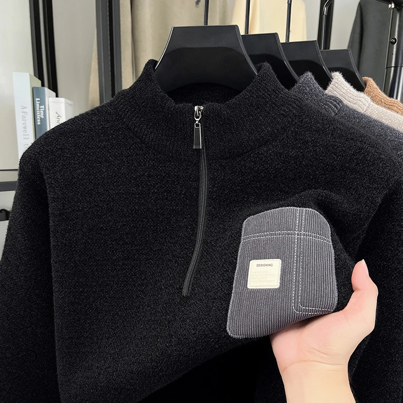 

Original Design Quality Men's Half-Zip Mock Neck Knitwear Winter New Arrival Ferret Fur Thicken Warm Fashion Versatile Menswear