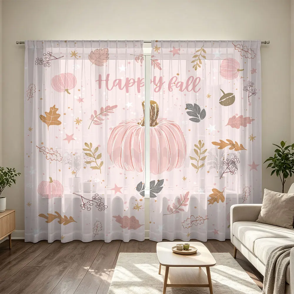 2pcs 90g rod-mounted curtains with a Happy Fall pink pumpkin leaf pattern, perfect for home decoration