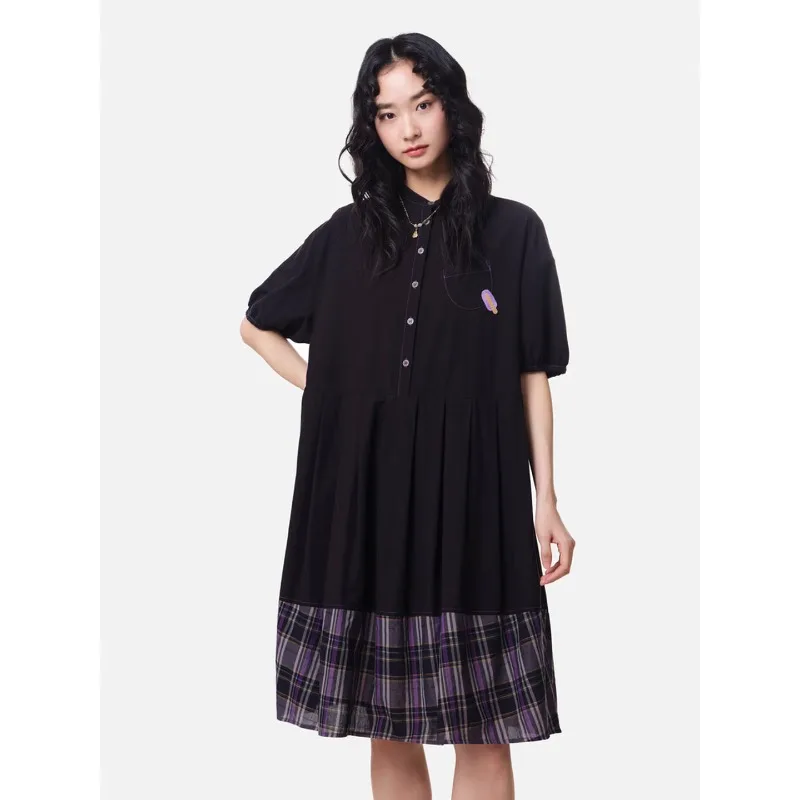 

MOVEUP Short Sleeved Stand Up Collar Dress 2026 Summer New Drop Sleeves Pocket Patchwork Plaid Hem Casual A-Line Dress 3ELX21321